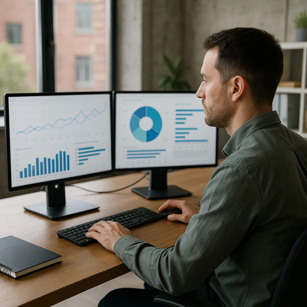 A dark-haired man in a green shirt sits at a wooden desk working on a dual-monitor setup displaying blue line charts, bar charts, and a donut chart on white dashboard interfaces, with a notebook and keyboard in the foreground and large windows behind.