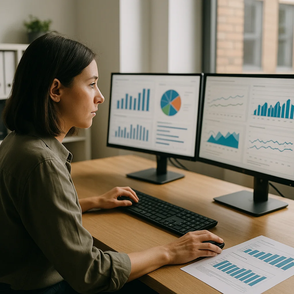 A woman in a olive shirt sits at a wooden desk using a keyboard and mouse while intently viewing two monitors displaying bar charts, a pie chart, line graphs, and area charts in blue, green, and orange, with a printed chart visible on the desk in the foreground.