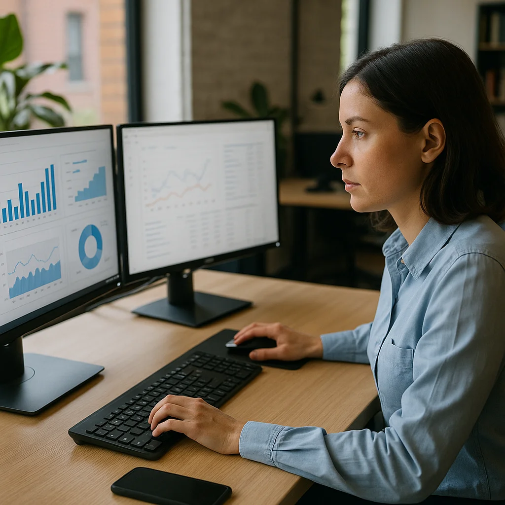 A dark-haired woman in a light blue button-down shirt uses a keyboard and mouse at a wooden desk with two monitors showing blue bar charts, line graphs, a donut chart, and tabular data, with plants and an office background behind her.