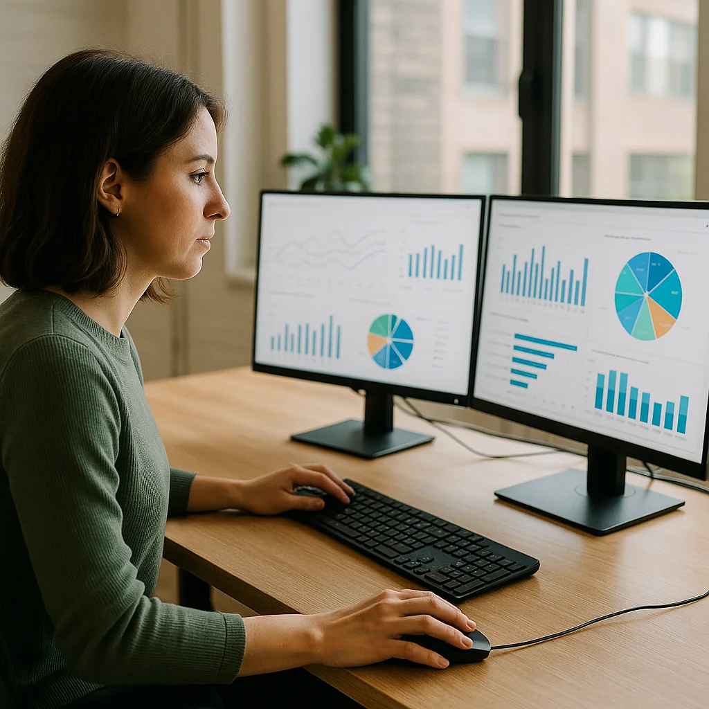 A woman with short dark hair in a green sweater sits at a wood desk using a keyboard and mouse while studying two monitors displaying bar charts, line graphs, and pie charts in blue and teal tones.
