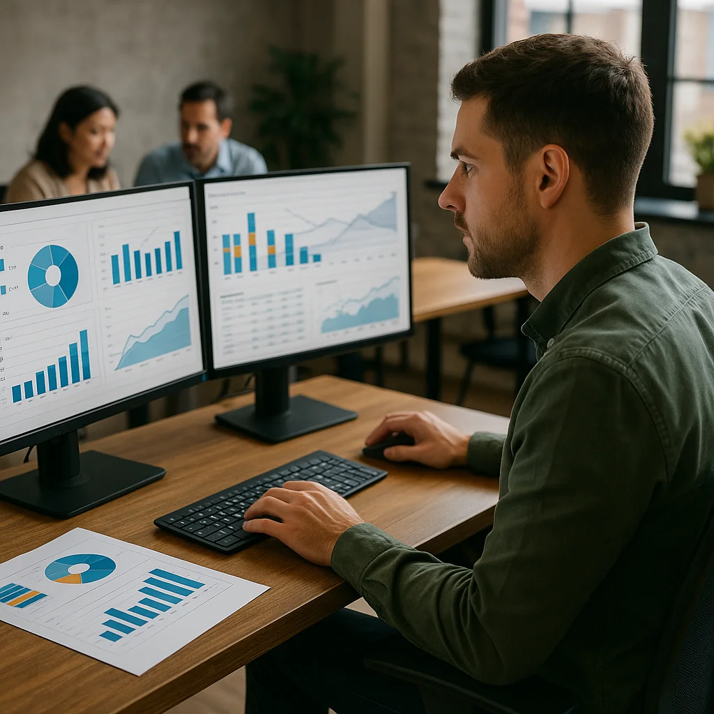 A man in an olive green button-up shirt sits at a wooden desk using a keyboard and mouse, facing two black monitors displaying blue bar charts, pie charts, line graphs, and area charts, with printed chart reports on the desk in front of him and two colleagues blurred in conversation at a table behind him in a modern office.