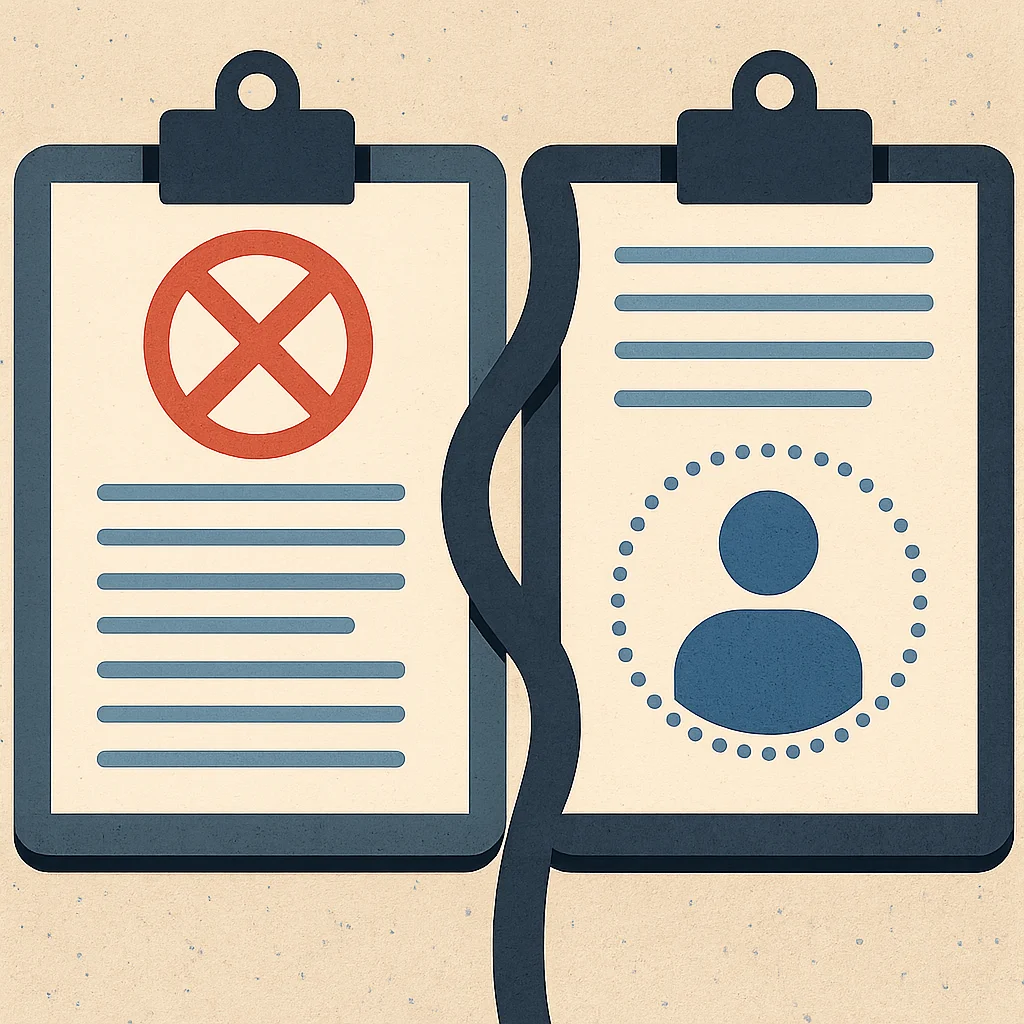 Two dark-framed clipboards side by side on a beige background, the left holding a document topped with a red circle-and-X symbol above horizontal blue lines, the right holding a document with a dotted-circle person icon above horizontal blue lines, connected by a winding dark serpentine line between them.