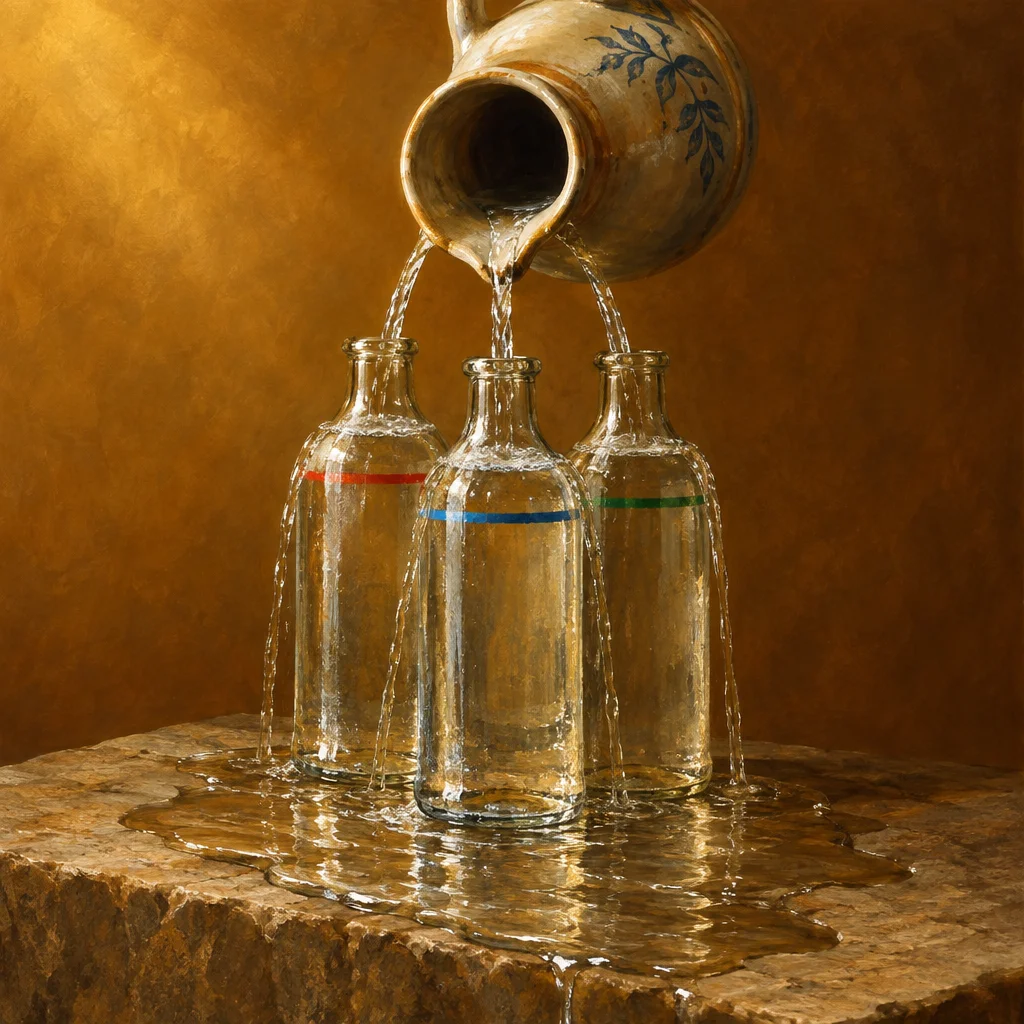 A tilted ceramic jug with blue painted leaf motifs pours three separate streams of water simultaneously into three clear glass bottles marked with red, blue, and green horizontal bands respectively, all three bottles overflowing onto a wet golden stone surface against a warm amber background.