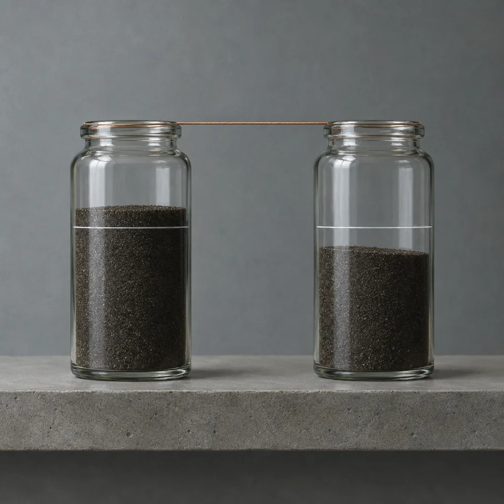 Two clear glass jars of identical shape sit side by side on a concrete ledge connected by a thin horizontal wire at their rims, each containing dark granular material that fills to a different level, with a faint horizontal line marking the waterline in each jar against a flat gray background.
