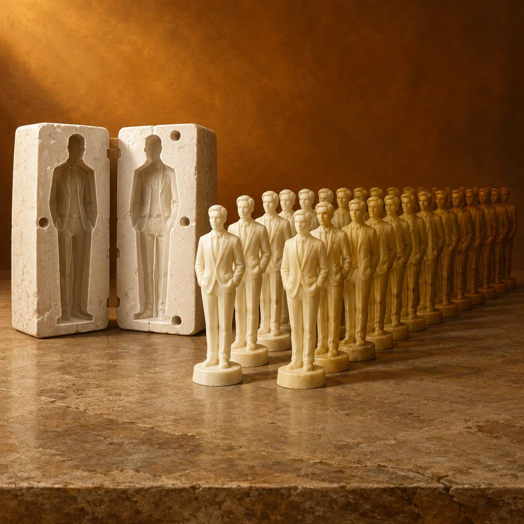 Two open rectangular stone casting molds showing the relief of a suited male figure stand upright on a marble surface to the left, while a long receding row of identical cream-to-gold resin figurines of the same suited man extends diagonally to the right against a warm amber background.