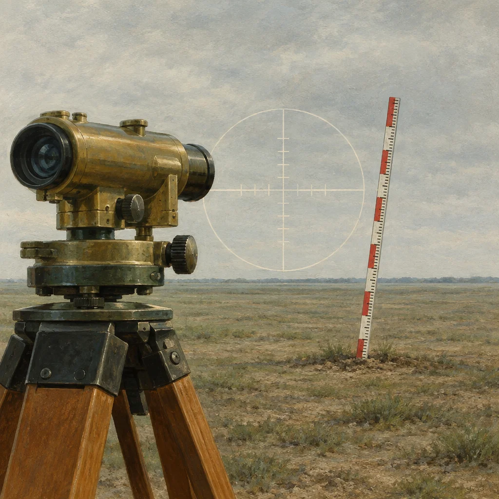 A brass surveying optical level on a wooden tripod sits in the left foreground with its eyepiece lens visible, pointing across a flat arid plain toward a red and white graduated surveying staff rod standing in the middle distance at right, with a white circular crosshair reticle superimposed in the sky between them under an overcast gray sky.