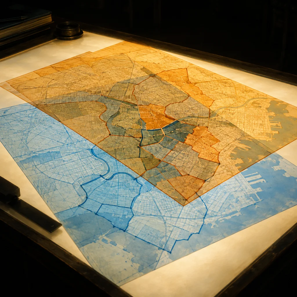 A backlit drafting table holds two semi-transparent maps layered on top of each other, the lower one rendered in cool blue with bold boundary lines and the upper one in warm amber-gold with different street grids and district outlines, their overlapping center revealing a mismatched composite where neither map's boundaries agree with the other.
