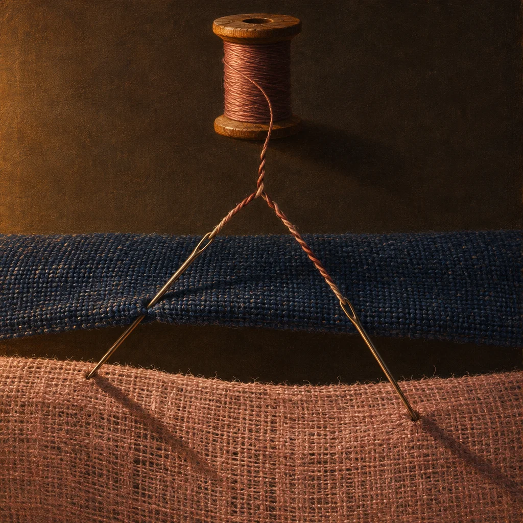 A wooden thread spool wound with rose-pink thread sits on a dark background, a single twisted strand descending from it and splitting into two gold needles that diverge symmetrically and pierce through a navy woven fabric band resting atop a blush-pink burlap surface, with each needle entering the lower fabric at a separate point.