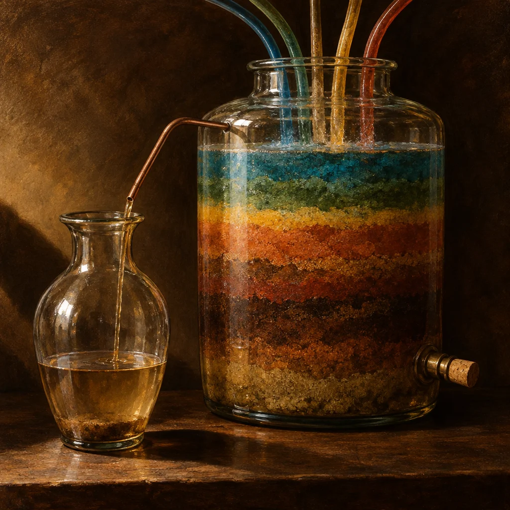 A large clear glass jar filled with vivid horizontal strata of colored granular material receives four colored tubes entering from the top while a single narrow copper tube drains a small amber trickle into a small glass carafe at lower left, the whole scene lit in warm chiaroscuro on a wooden shelf.