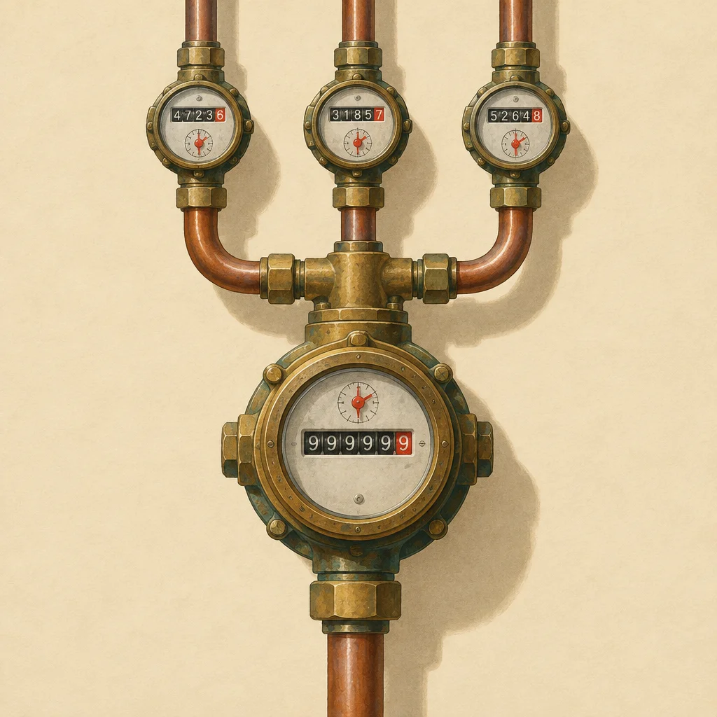 A brass and copper pipe assembly mounts three small circular odometer-style gauges labeled 47236, 31857, and 52648 on branching pipes that converge downward into one large central gauge displaying 999999, all rendered in a detailed painterly style against a cream wall.