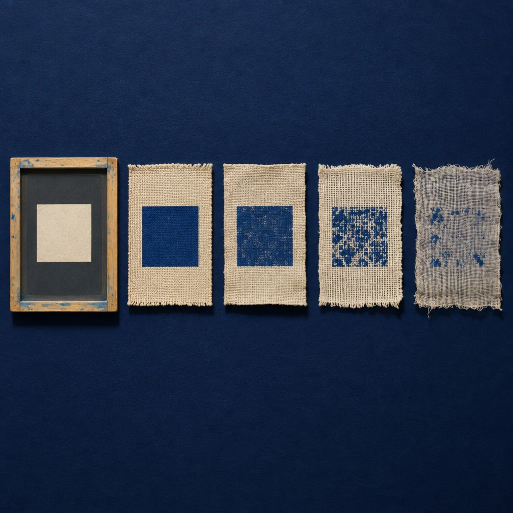 A wooden stencil frame holding a cream square cutout sits at left on a dark navy surface, followed by four rough-edged burlap panels arranged in a row, the first showing a solid deep blue woven square, the second a slightly textured blue square, the third a fragmented and patchy blue square pattern, and the fourth a nearly dissolved scatter of faint blue marks on open-weave fabric.