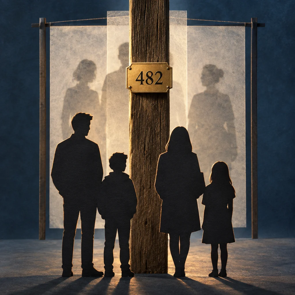 Four dark silhouettes of two adults and two children stand divided by a weathered wooden post mounted with a brass number 482 plaque, while a semi-transparent backlit screen behind them casts shadows of a different adult grouping with no children visible.