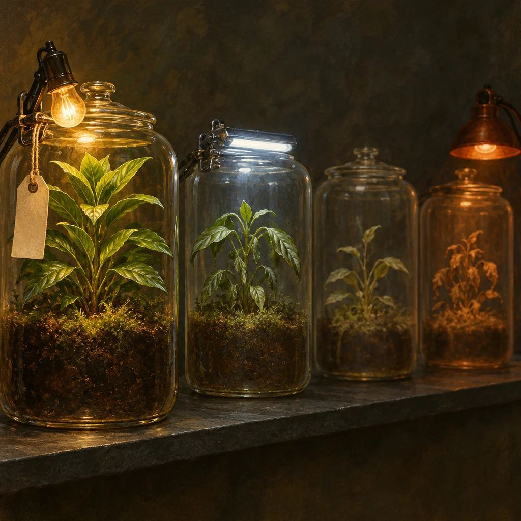 Four large glass mason-jar terrariums sit in a row on a stone shelf, each containing the same leafy plant species rooted in dark soil and moss, lit by a different overhead source ranging from a warm incandescent bulb on the leftmost jar where the plant is tall and fully green, to a cool fluorescent strip on the second jar where growth is slightly smaller, to dim ambient light on the third where the plant is noticeably shorter and paler, to a copper-shaded warm lamp on the rightmost jar where the plant has drooped and turned brownish, with a small blank paper tag hanging from the first jar's clamp.