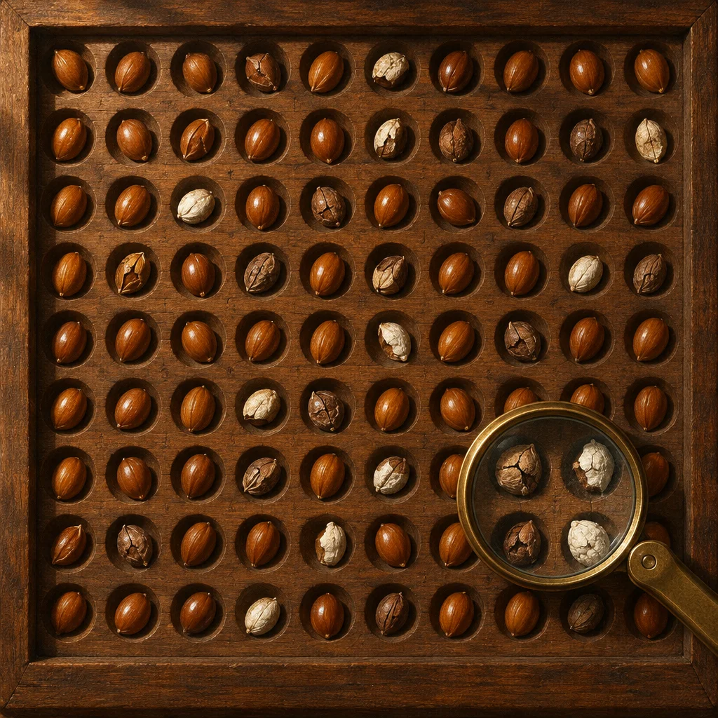 A square wooden tray with a ten-by-ten grid of circular recessed cells holds one oval seed per cell, the majority being smooth dark brown seeds while roughly fifteen cells contain pale, cracked, or papery degraded seeds scattered irregularly across the grid, with a brass-rimmed magnifying glass resting in the lower right quadrant and enlarging a cluster of three degraded seeds among intact neighbors.
