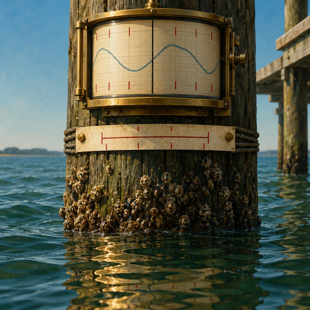 A weathered wooden pier piling rising from barnacle-covered water supports a brass-framed instrument displaying a gridded chart with a blue sine wave, beneath which a rope-secured rectangular panel shows a single horizontal red measurement line with tick marks.