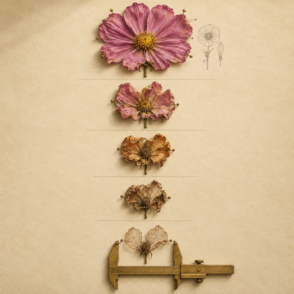 Five stages of a single pink cosmos flower arranged vertically on aged paper, progressing from a fully open bloom held flat by brass pins with a botanical line drawing beside it, through two intermediate stages of wilting and browning petals, to a nearly skeletal dried flower clamped between the jaws of a brass vernier caliper at the bottom.