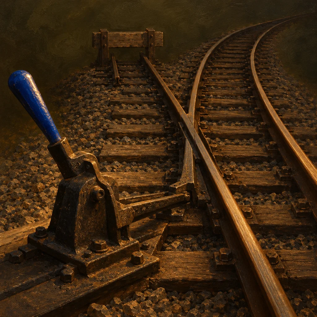 A weathered cast-iron manual railway switch lever with a blue wooden handle stands in the foreground beside a fork in aged tracks laid on brown ballast gravel, with the left spur terminating at a wooden buffer stop and the right track curving away into darkness.