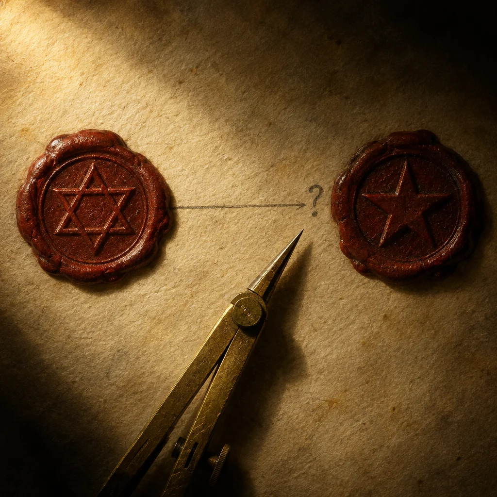 Two dark red wax seals rest on aged parchment paper, the left seal stamped with a six-pointed star and the right stamped with a five-pointed star, connected by a hand-drawn pencil arrow with a question mark above it, while a brass drafting compass points toward the gap between them from the lower center.