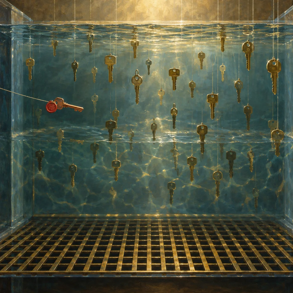 A large transparent glass tank filled with blue-green water contains roughly thirty gold keys hanging on thin vertical strings from above the waterline, their reflections rippling on the grated brass floor below, while a single copper key marked with a red wax seal arrives on a diagonal wire from the lower left wall of the tank.