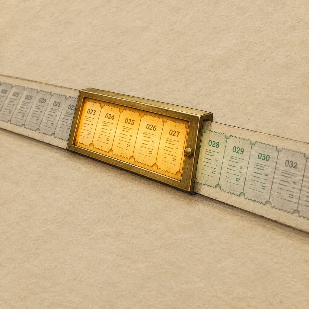 A brass rectangular sliding viewer sits on a diagonal paper roll printed with numbered raffle-style tickets, illuminating tickets 023 through 027 in warm amber light inside the frame while tickets 019 through 022 in gray extend to the left and tickets 028 through 032 in green extend to the right outside the frame.