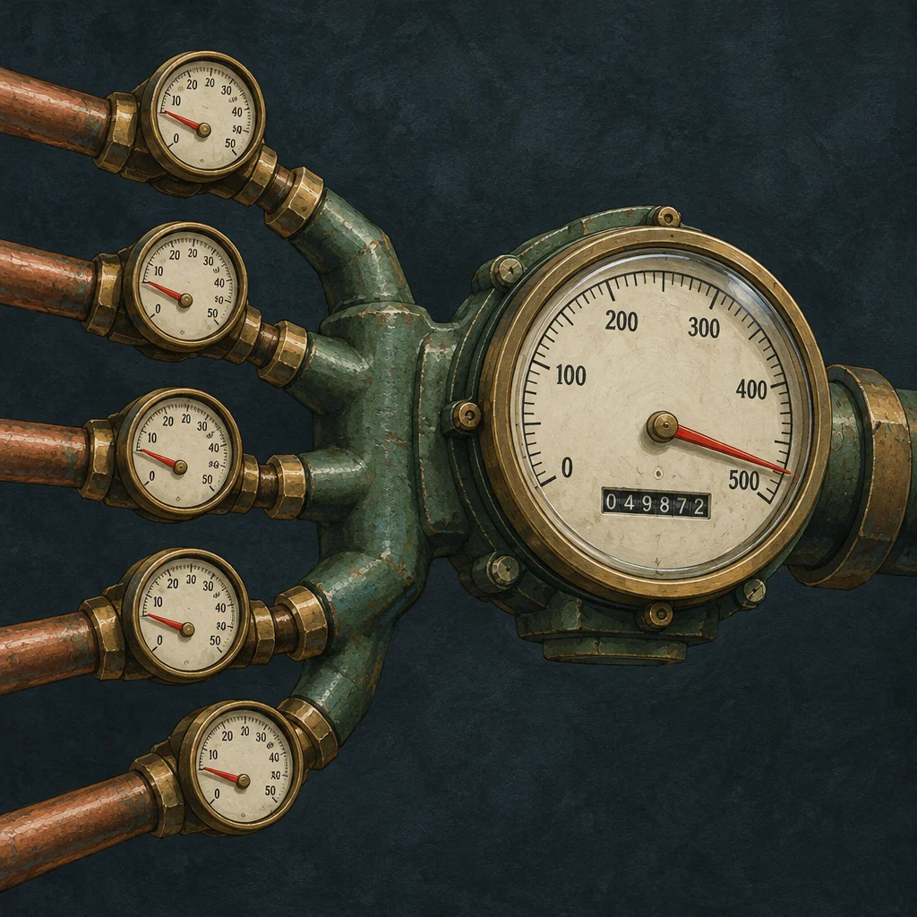 Five copper pipes emerge from the left, each fitted with a small brass-rimmed gauge with a red needle reading near 10 on a 0 to 50 scale, and all five pipes converge into a central green patinated manifold junction that feeds a large brass-rimmed master gauge whose red needle points near 490 on a 0 to 500 scale, with an odometer counter below reading 049872.