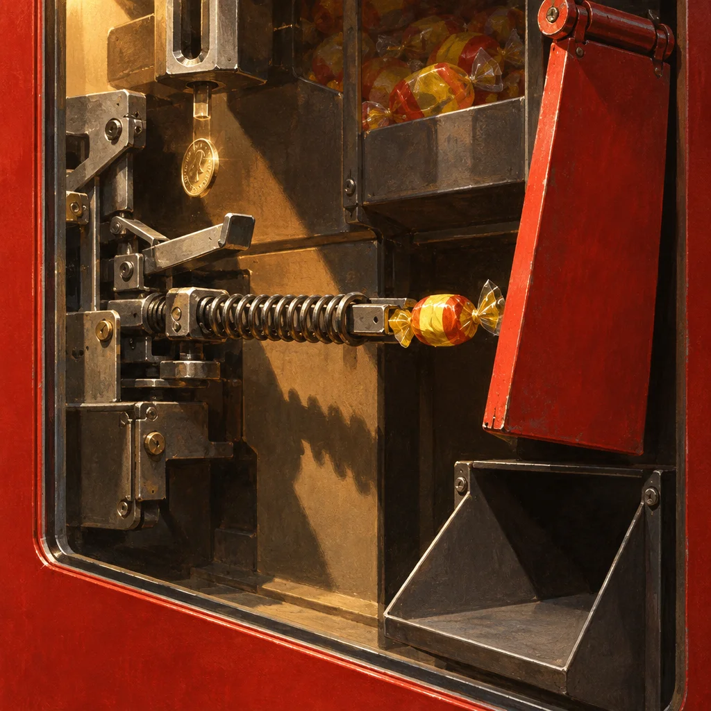 A cutaway view of a red candy vending machine interior shows a gold coin suspended mid-drop on the left, a horizontal coil spring arm pushing a single orange and yellow wrapped candy toward a tilted red delivery chute on the right, with a hopper of additional wrapped candies visible in the upper compartment and an empty output tray below.