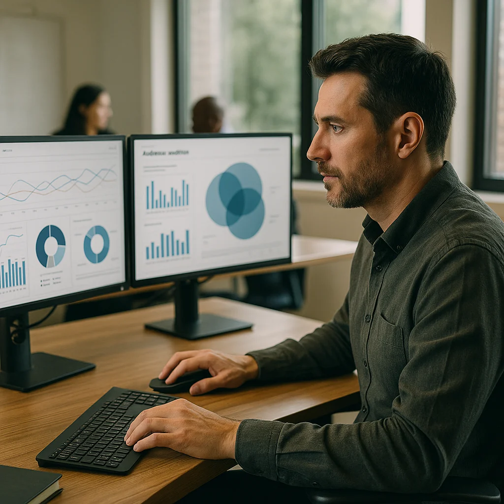 A bearded man in a grey shirt sits at a wooden desk operating a keyboard and mouse while studying two monitors displaying blue bar charts, donut charts, line graphs, and a Venn diagram in a bright open office with colleagues blurred in the background.