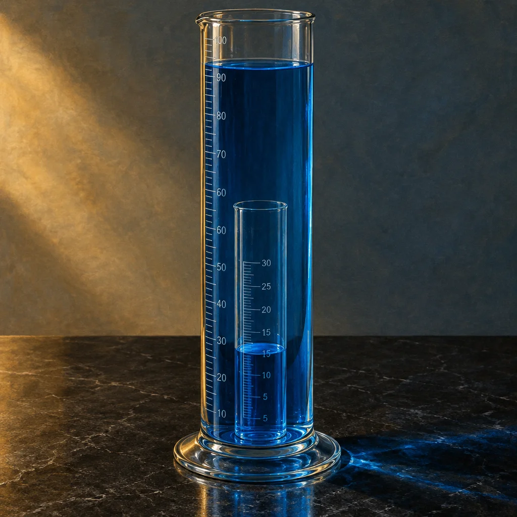 A tall clear graduated cylinder marked to 100 mL and filled with blue liquid to near the top contains a shorter inner graduated cylinder marked to 30 mL whose blue liquid level sits at approximately 12 mL, both vessels resting on a glass base on a dark marble surface with a warm light source on the left and a gray wall behind.