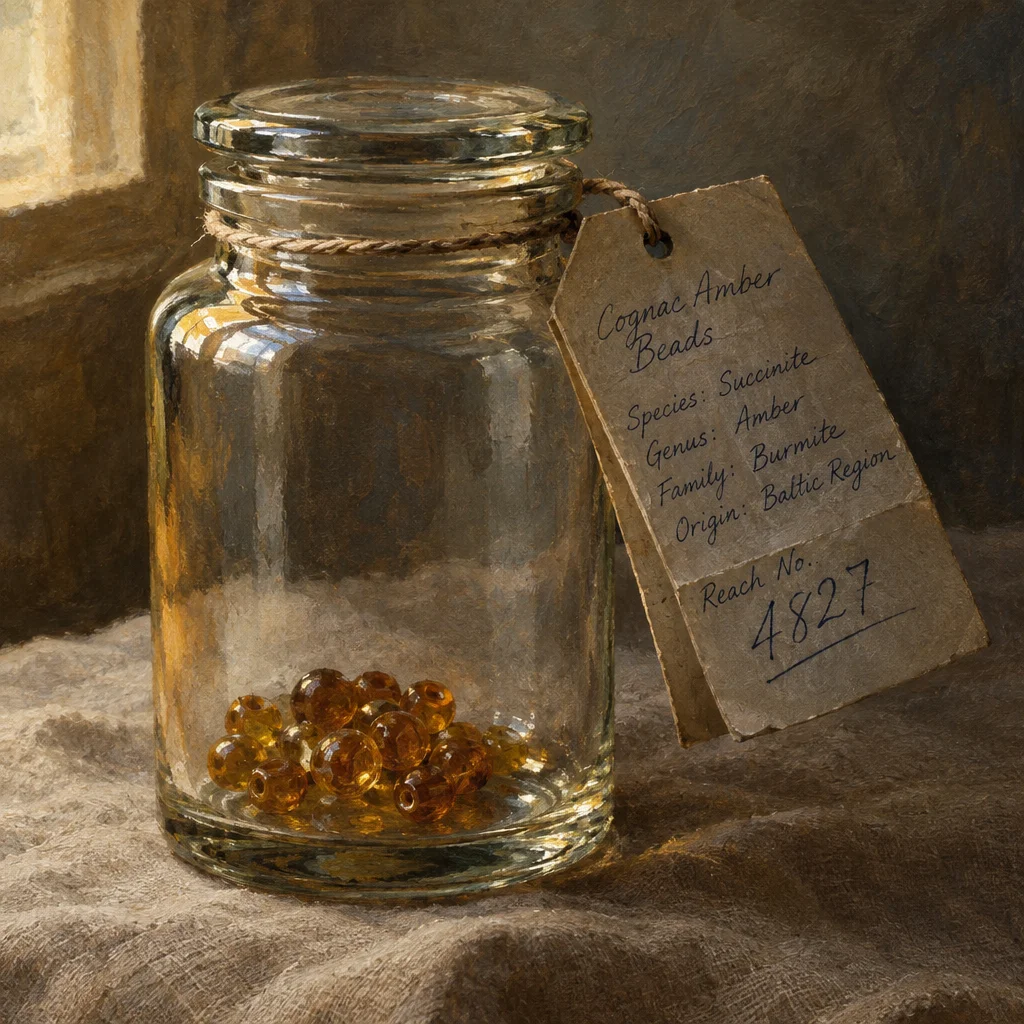 A glass jar with a loose glass lid contains a small cluster of cognac-colored amber beads at its base and bears a weathered kraft paper hang tag tied with twine listing Species: Succinite, Genus: Amber, Family: Burmite, Origin: Baltic Region, and Reach No. 4827 in handwritten ink, set against a dark painted background on draped linen.