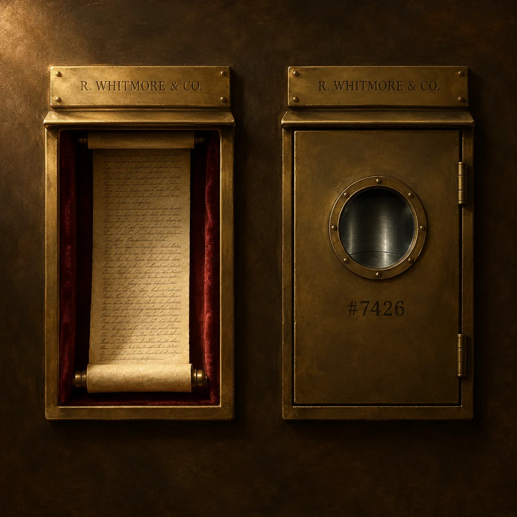 Two brass-framed wall-mounted cases both labeled R. Whitmore and Co are shown side by side, the left open to display a handwritten parchment scroll resting against red velvet lining, and the right closed with a riveted oval porthole window and the number 7426 stamped below it, hinges visible on its right edge.