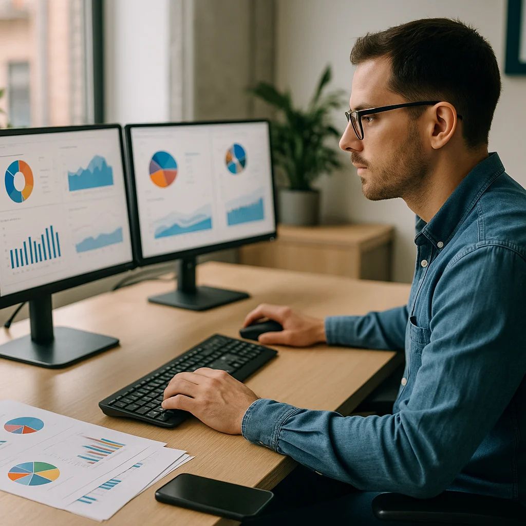 A dark-haired man wearing glasses and a denim shirt sits at a wood desk using a keyboard and mouse, looking intently at two monitors displaying colorful pie charts, bar graphs, and line charts, with additional printed chart pages visible in the foreground.