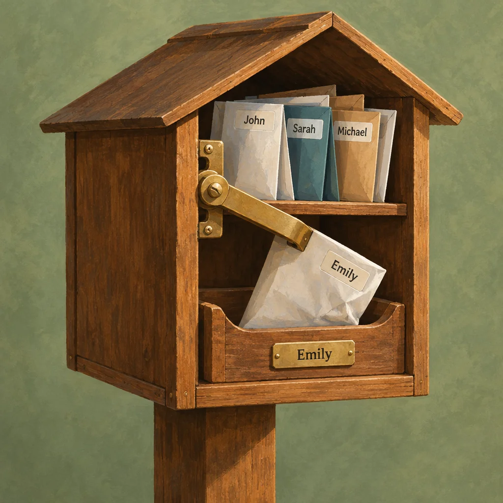 A wood house-shaped mailbox on a post holds three envelopes labeled John, Sarah, and Michael in an upper shelf, while a brass pivot arm redirects a crumpled white envelope labeled Emily into a lower drawer also labeled Emily with a brass nameplate.