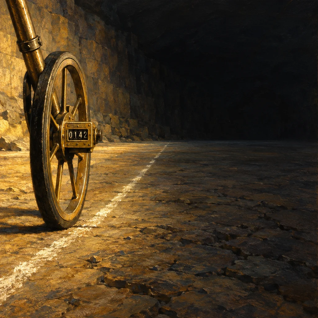 A brass-spoked measuring wheel mounted on a gold metal rod and fitted with a small mechanical counter reading 0142 sits on a chalk-marked stone floor beside a rough rock wall, with the chalk line extending into a wide dark open space beyond the lit boundary.