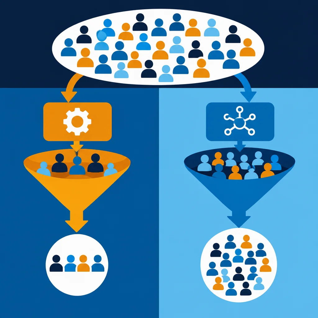 A split infographic showing a large oval crowd of orange and blue person icons at the top, with two separate funnel pathways below: a left orange funnel preceded by a gear icon outputting a small group of three people, and a right blue funnel preceded by a network/hub icon outputting a larger diverse group of people.
