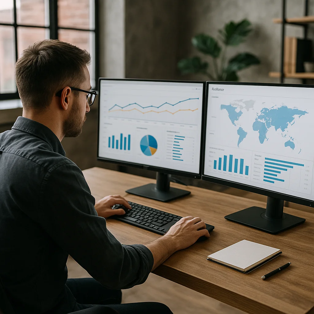 A bearded man wearing glasses sits at a wooden desk working at a dual-monitor setup displaying analytics dashboards with line charts, bar charts, a pie chart, and a world map visualization, with a notebook and pen on the desk beside him.