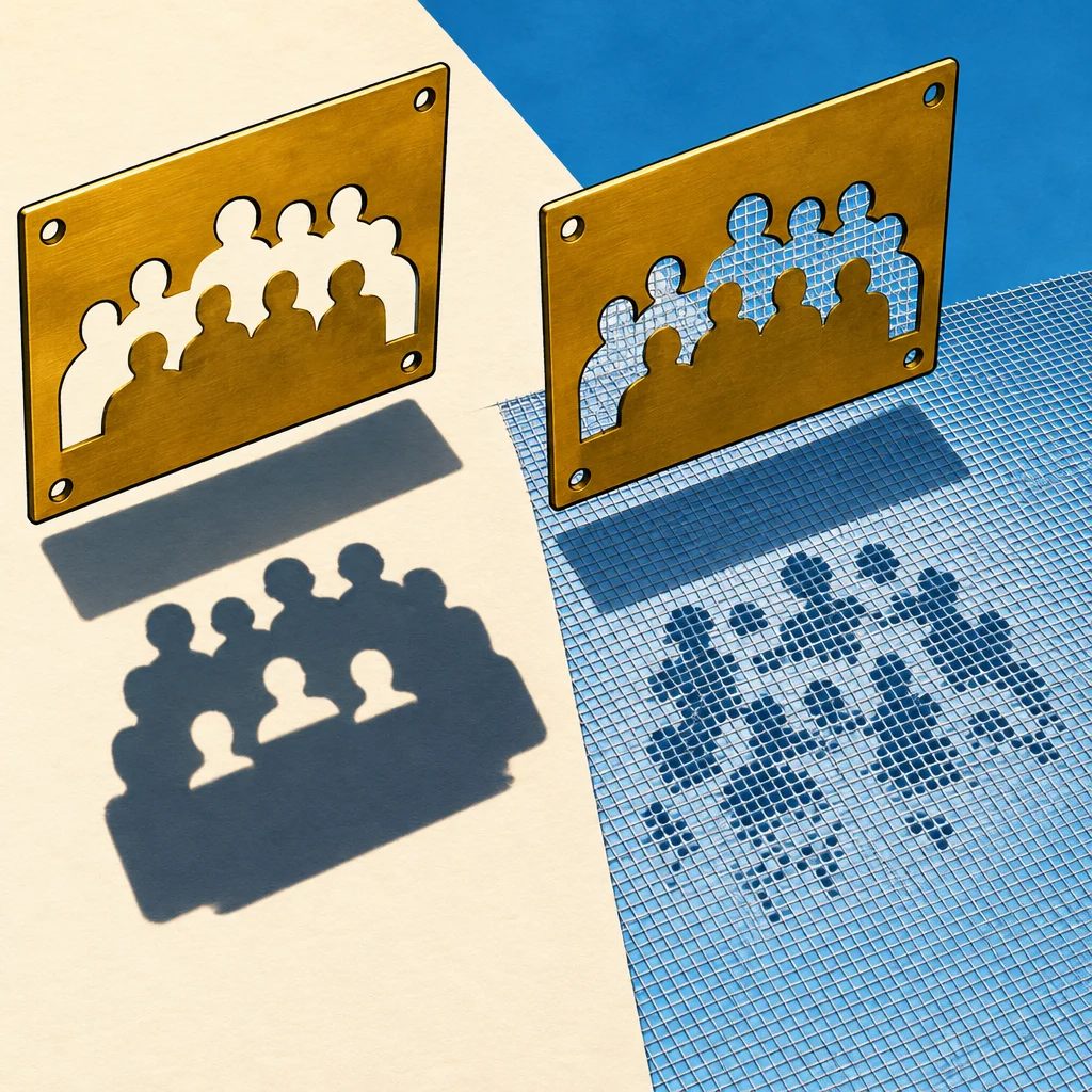 Two gold metal plaques with crowd-shaped cutouts stand side by side, one casting a sharp shadow of grouped figures on a cream surface, the other casting a scattered pixelated shadow on a blue mosaic grid surface.