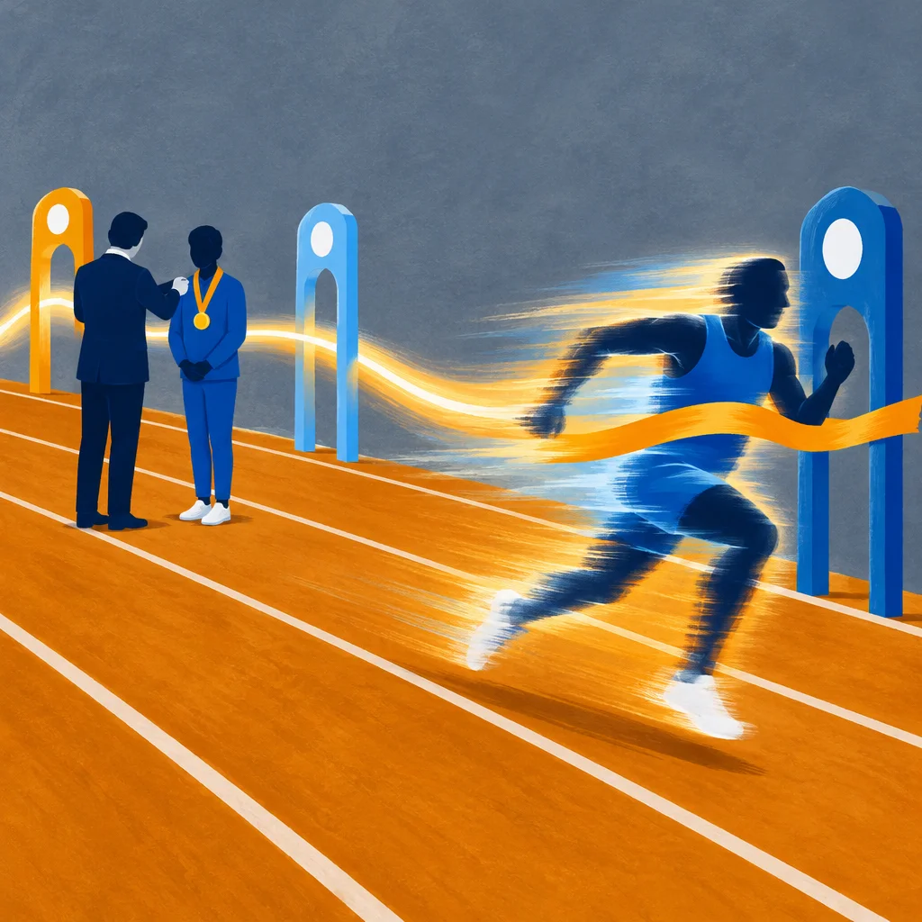 A stylized illustration of an orange running track where a motion-blurred sprinter in blue breaks through a golden finish-line ribbon on the right, while on the left a suited figure awards a gold medal to a standing athlete, with glowing golden light trails connecting both scenes against a gray background.