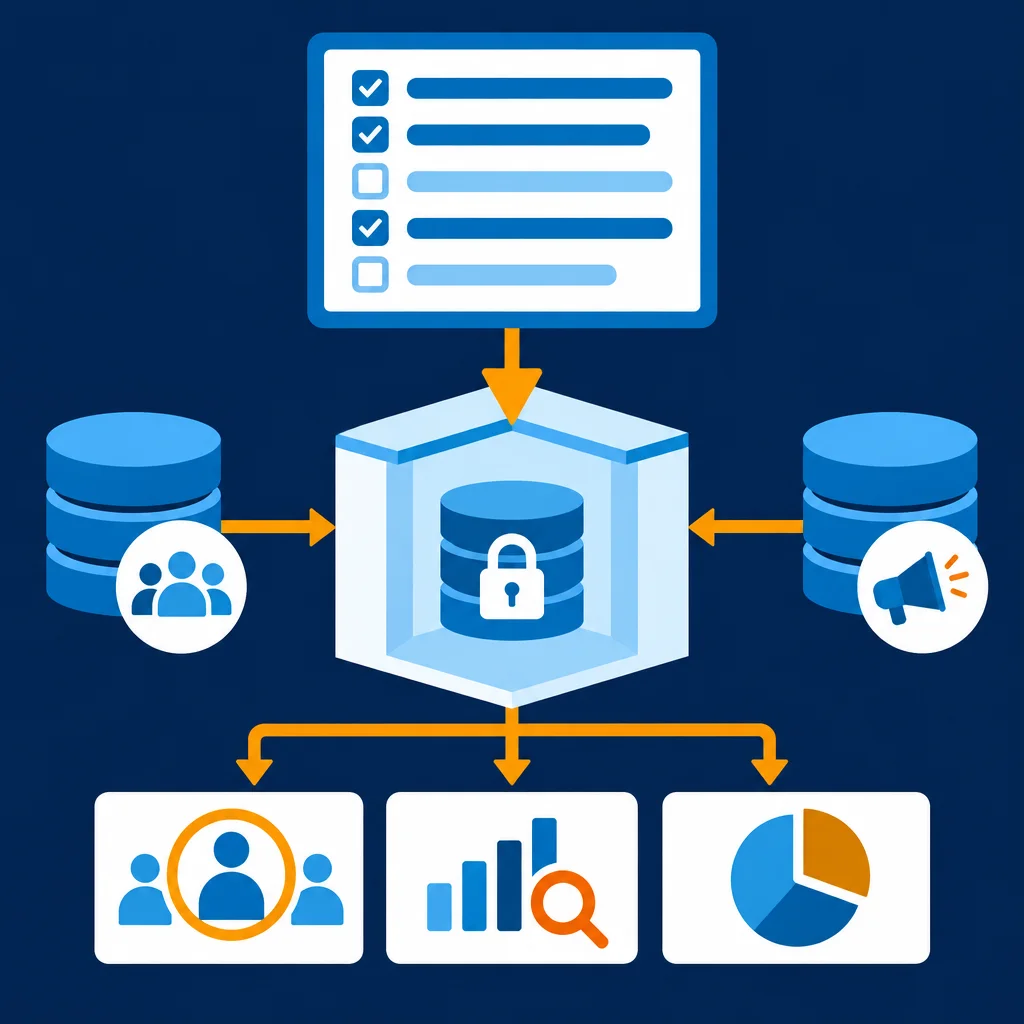 A blue hexagonal secure database icon at center receives orange arrow inputs from a checklist panel above and two cylindrical databases on each side labeled with people and megaphone icons, then sends outputs via orange arrows to three white cards below showing audience targeting, bar chart analytics, and a pie chart.